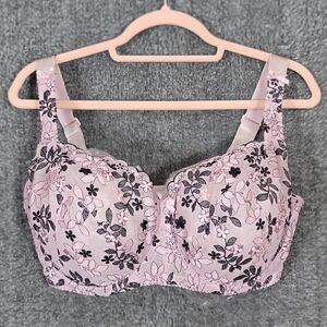 Gemm Bra Women 36G Pink Black Floral Lace Underwire Wide Strap Full Cup Coverage